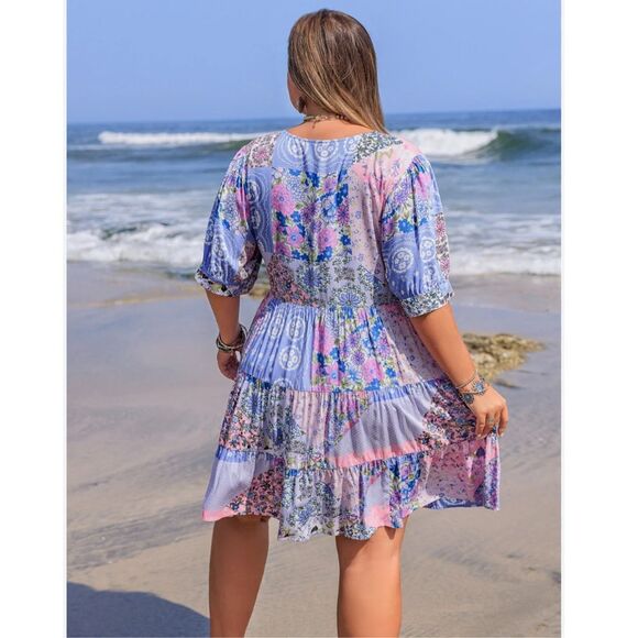 Rusttydustty Dress 3XL Purple V-Neck Short Sleeve Tiered Floral Mini Patchwork - Picture 15 of 15